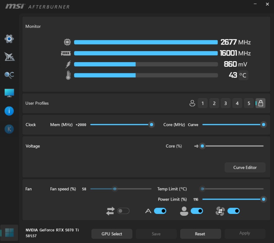 MSI Afterburner: 870mV, +1537 MHz Memory